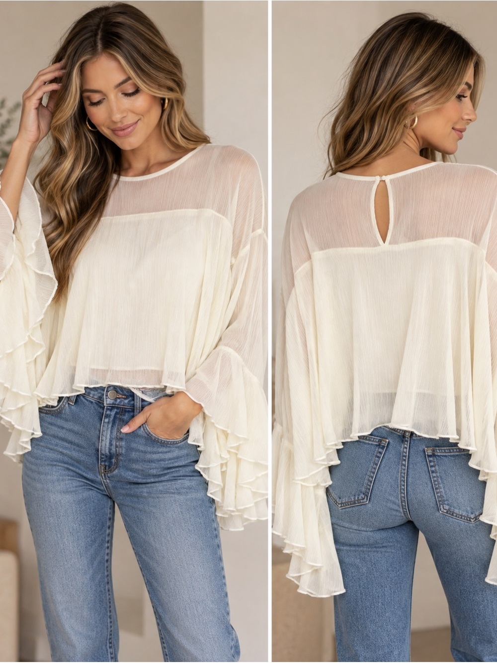 NWT Robert Rodriguez Jada Ivory Pleated Sheer Boho Flowy Semi Sheet Blouse M